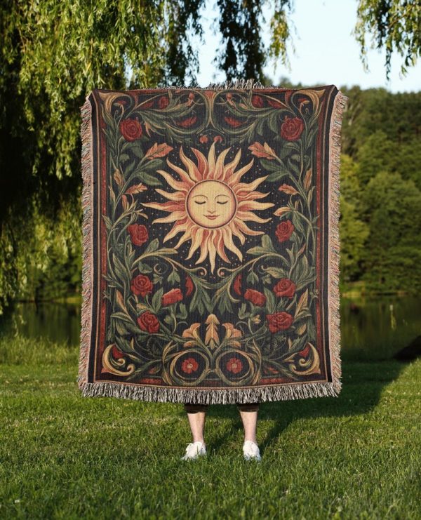Sun And Floral Woven Tapestry Blanket A Medieval-Inspired Cotton Throw With Red Roses